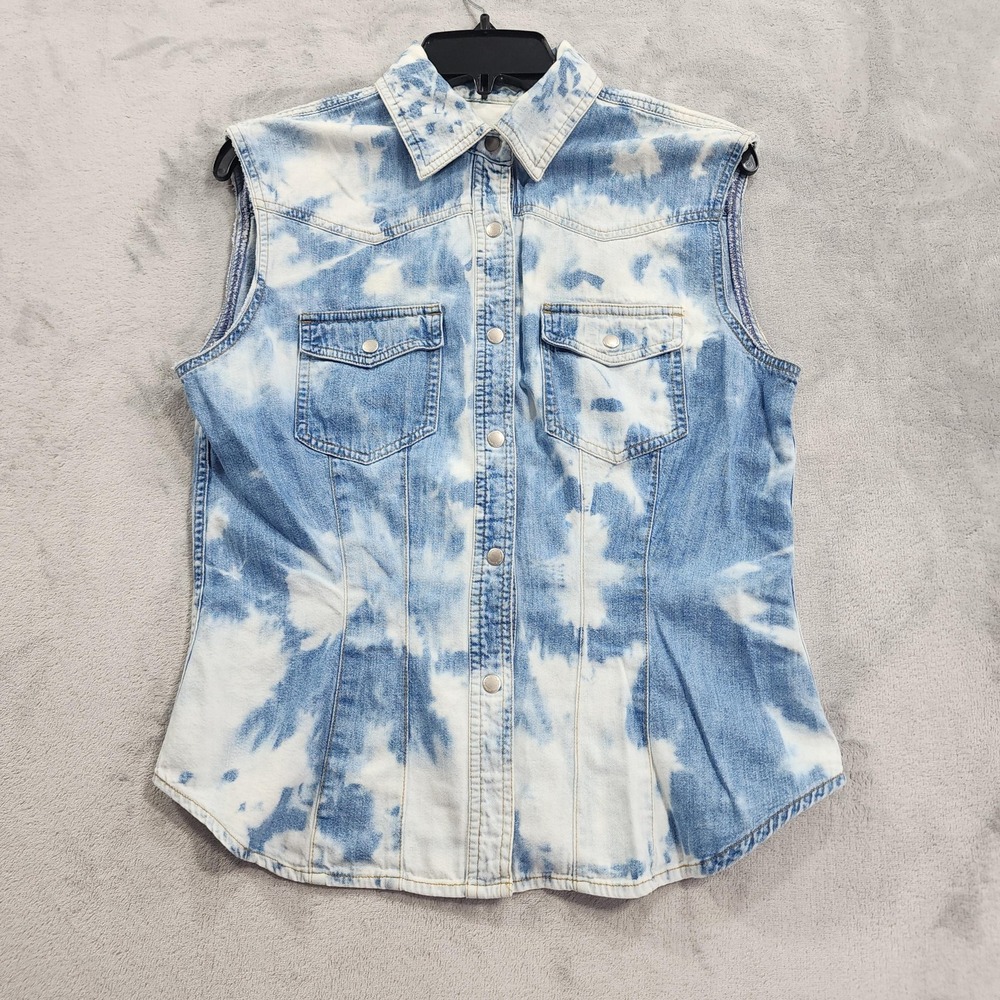 Vintage‎ AT Denim Vest Womens M Blue Acid Wash Denim Snap Front Pockets Western